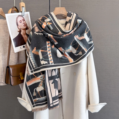 Sciarpa Invernale Donna Scialle Imitazione Cashmere Caldo Vintage Cavallo Jacquard Geometrico Frange Accessorio Moda