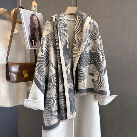 Bufanda Chal Con Estampado De Cebra Imitación De Cachemira Poliéster Jacquard Borlas Otoño Invierno Cálida Elegante Para Mujer