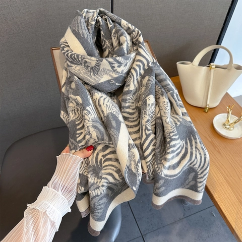 Bufanda Chal Con Estampado De Cebra Imitación De Cachemira Poliéster Jacquard Borlas Otoño Invierno Cálida Elegante Para Mujer