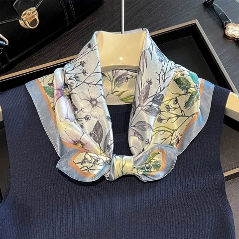Floral Print Square Neck Scarf Elegant Mulberry Satin Retro Small Fashion Accessory For Women