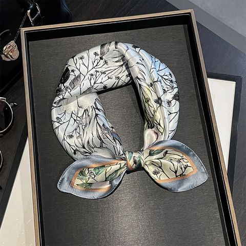 Floral Print Square Neck Scarf Elegant Mulberry Satin Retro Small Fashion Accessory For Women