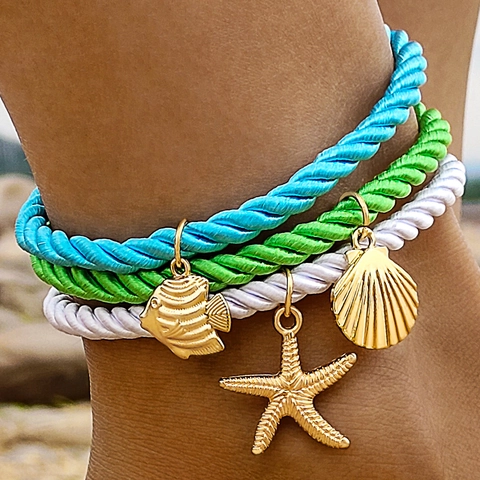 Bohemian Braided Rope Anklets With Golden Alloy Fish Starfish Shell Charms Adjustable Beach Jewelry For Women