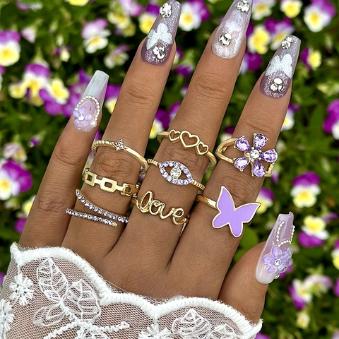Lila Schmetterling Emaille Ringe Herz Schlange Evil Eye Legierung Strass Finger Schmuck Frauen Mode Boho Vintage Hohl