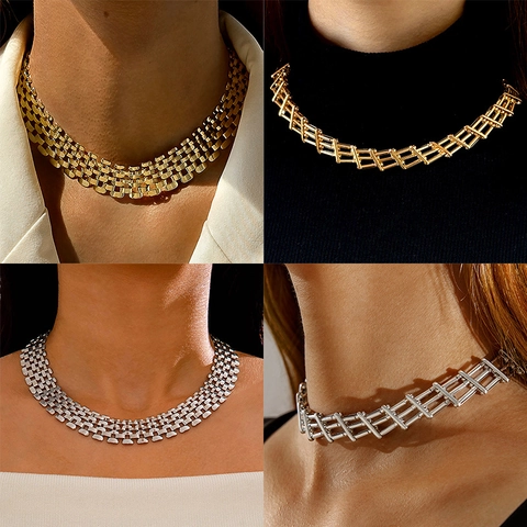 Hip Hop Exaggerated Heavy Metal Alloy Chain Necklace For Women Hollow Mesh Geometric Choker Statement Party Jewelry Gift