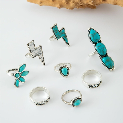 Vintage Türkis Ringe Geschnitzte Geometrische Legierung Schmuck Ethno Boho Southwestern Finger Accessoires Damen