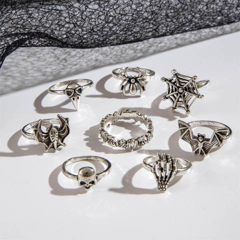 Gothic Halloween Rings Antique Silver Alloy Skull Bat Spider Web Bone Hand Punk Finger Jewelry For Women Men