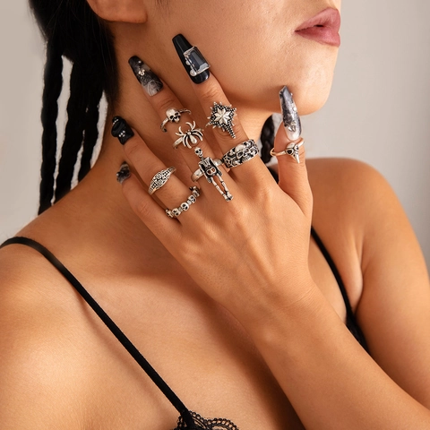 Gothik Punk Ring Vintage Silber Legierung Skelett Spinne Schlange Fledermaus Halloween Dunkler Schmuck Herren Damen