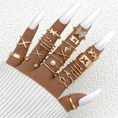 Bohemian Alloy Gold Silver Ring Collection For Women Butterfly Heart Snake Pattern Stackable Joint Rings With Artificial Pearl Rhinestone Jewelry Gift