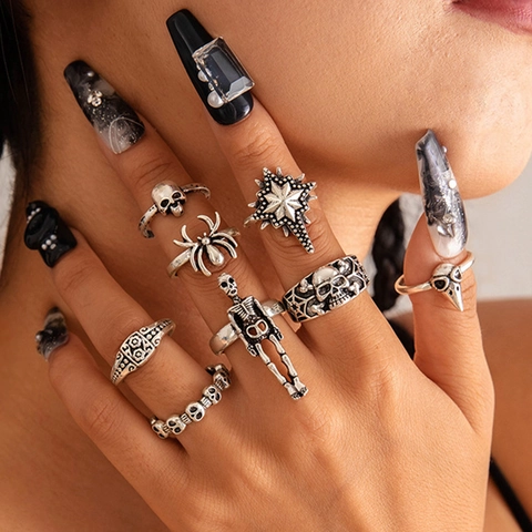 Gothic Punk Rings Antique Silver Alloy Skull Spider Skeleton Star Halloween Jewelry Vintage Dark Style For Women
