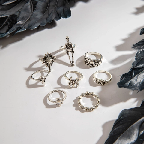 Gothic Punk Rings Antique Silver Alloy Skull Spider Skeleton Star Halloween Jewelry Vintage Dark Style For Women