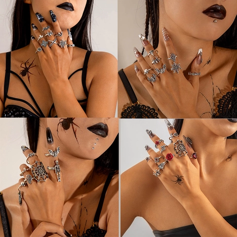Gothik Punk Ring Vintage Silber Legierung Skelett Spinne Schlange Fledermaus Halloween Dunkler Schmuck Herren Damen