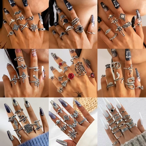 Vintage Gothic Punk Rings Heart Rose Spider Web Skull Snake Moon Stars Bat Red Black Gemstone Silver Tone Halloween Jewelry
