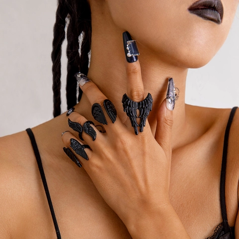Gothic Angel Wing Rings Matte Black Alloy Punk Feather Joint Jewelry For Men Women