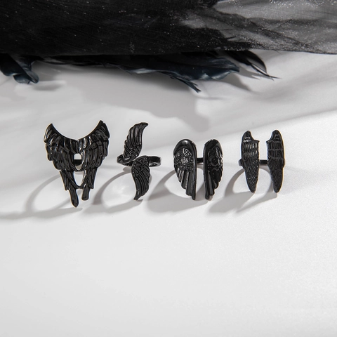 Gothic Angel Wing Rings Matte Black Alloy Punk Feather Joint Jewelry For Men Women