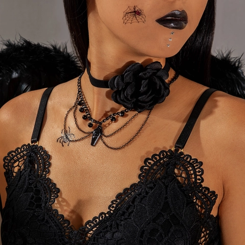 Gothic Black Lace Rose Choker Necklace For Women Multilayer Alloy Chain Spider Coffin Pendant Halloween Party Jewelry