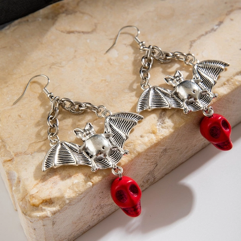 Gothic Bat Skull Dangle Earrings Vintage Silver Alloy Red Skull Halloween Costume Dark Jewelry For Women Hook Earring