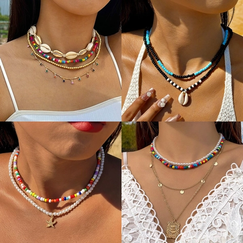 Collana Doppio Strato Bohémien Perline Colorate Perla Artificial Sintetica Ciondolo Stella Marina Conchiglia Gioielli Spiaggia