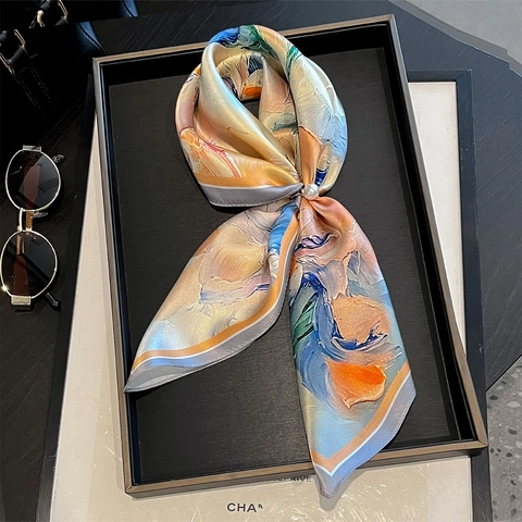 Elegant Mulberry Silk Square Scarf For Women Floral Oil Painting Print Small Fashion Head Scarf Neck Scarf Accessories
