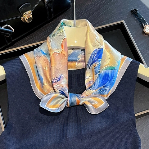 Elegant Mulberry Silk Square Scarf For Women Floral Oil Painting Print Small Fashion Head Scarf Neck Scarf Accessories