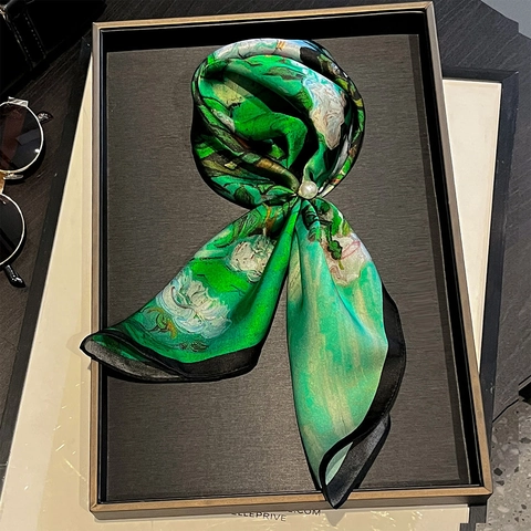 Elegant Pure Mulberry Satin Square Scarf Women Fashion Oil Painting Marine Print Neck Head Hair Tie Decorative Accessory
