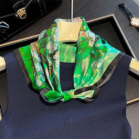 Elegant Pure Mulberry Satin Square Scarf Women Fashion Oil Painting Marine Print Neck Head Hair Tie Decorative Accessory