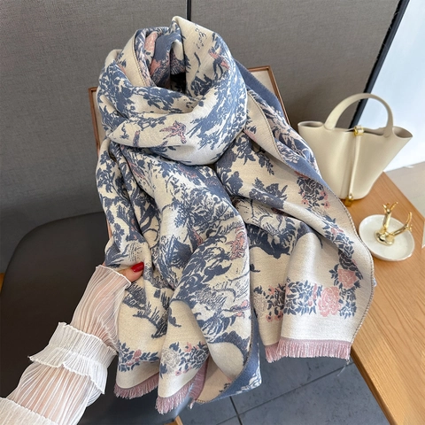 Vintage Blumen Vogel Print Schal Stola Kaschmir-Imitat Warm Winter Toile De Jouy Stil Lange Quasten Elegant Für Damen