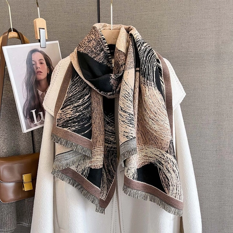 Damen Schal Mit Abstraktem Druck Kunstkaschmir Polyester Dick Warm Winter Retro Künstlerisch Quasten Großes Tuch