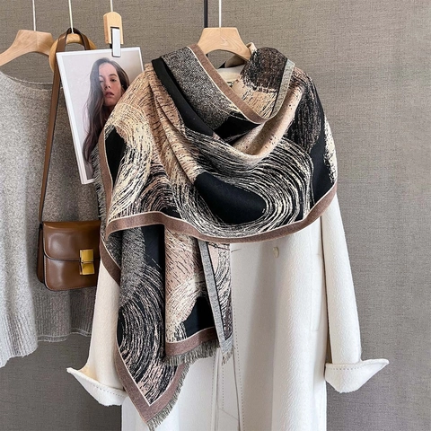 Damen Schal Mit Abstraktem Druck Kunstkaschmir Polyester Dick Warm Winter Retro Künstlerisch Quasten Großes Tuch