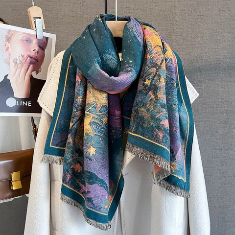 Retro Floral Starry Sky Print Imitation Cashmere Scarf Large Shawl Warm Tassel Winter Wrap For Women
