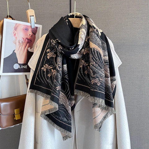 Damen Eleganter Schal Imitationskaschmir Chinesischer Stil Lotus Wellenprint Quastenbesatz Herbst Winter Warm Vintage