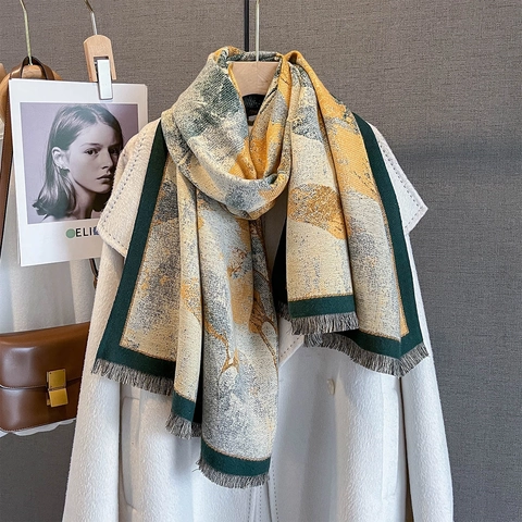 Damen Winterschal Kaschmirimitat Dick Warm Schal Wrap Mit Pflanzenmuster Quasten Elegante Mode Accessoires