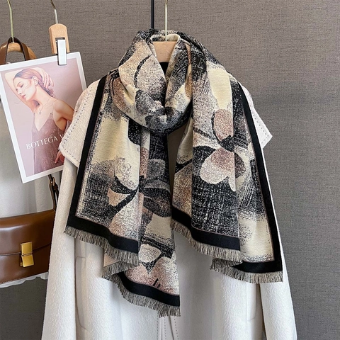 Sciarpa Scialle Stampa Floreale Quadri Imitazione Cashmere Caldo Autunno Inverno Retro Blocchi Di Colore Frange Donne