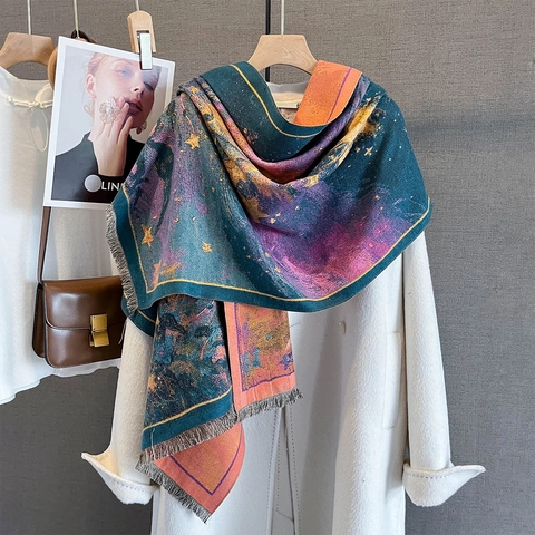 Retro Floral Starry Sky Print Imitation Cashmere Scarf Large Shawl Warm Tassel Winter Wrap For Women
