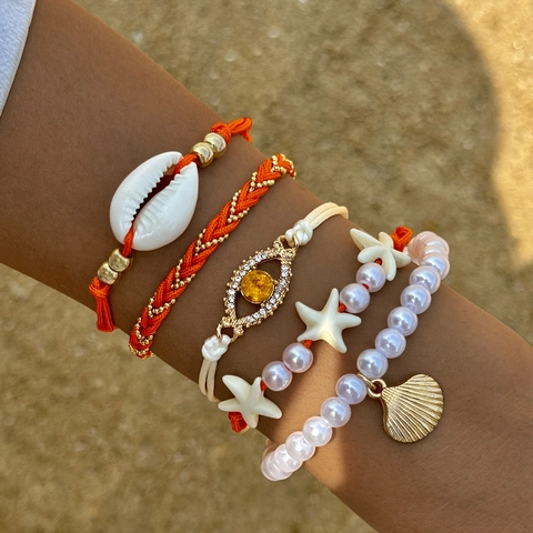 Bracciale Bohémien Tema Oceano Con Imitazione Perla Artificial Lega Conchiglia Stella Marina E Ciondolo Malocchio Per Donna