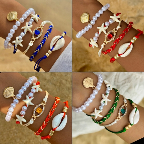 Bracciale Bohémien Tema Oceano Con Imitazione Perla Artificial Lega Conchiglia Stella Marina E Ciondolo Malocchio Per Donna
