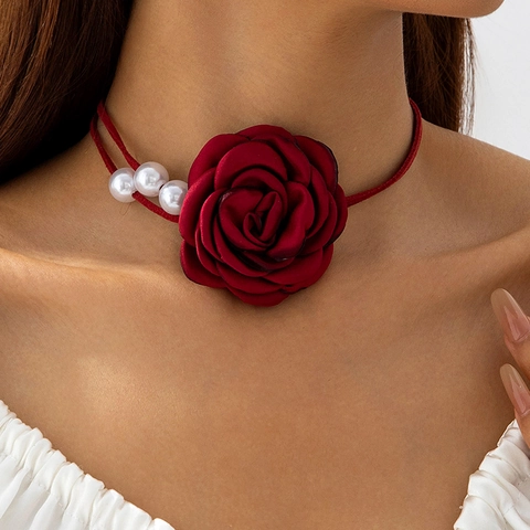 Handmade Fabric Rose Flower Choker Necklace With Artificial Pearls Retro Hepburn Style Adjustable Jewelry For Women