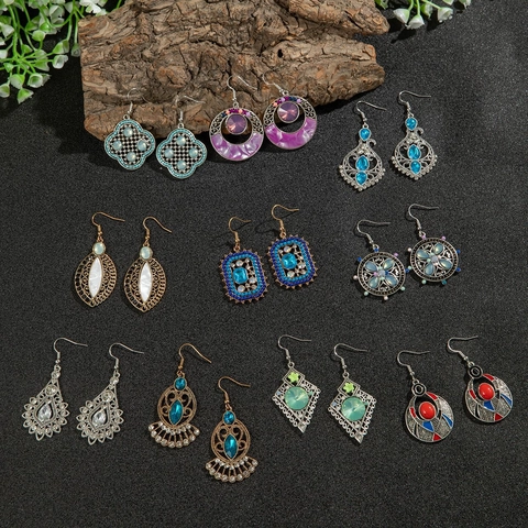 Orecchini Etnici Retro Bohemien Lega Strass Cavo Geometrico Gioielli Per Donne Con Perno In Acciaio Inossidabile