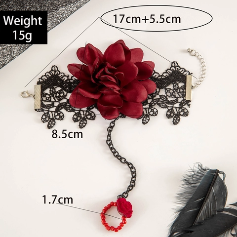 Gotische Roos Bloem Kant Hand Harnas Slaaf Armband Met Ring Voor Vrouwen Halloween Retro Donkere Stijl Stof Legering