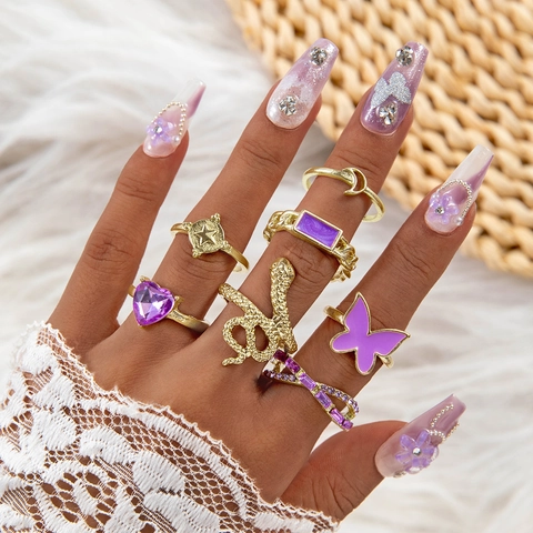 Schmetterling Schlange Herz Ringe Für Frauen Zinklegierung Strass Lila Emaille Durchbrochene Mond Stern Schmuck