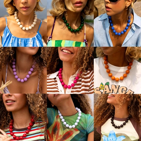 Bohemian Colorful Large Acrylic Beaded Necklace For Women Exaggerated Ethnic Style Chunky Round Bead Necklace Jewelry Vacation Gift
