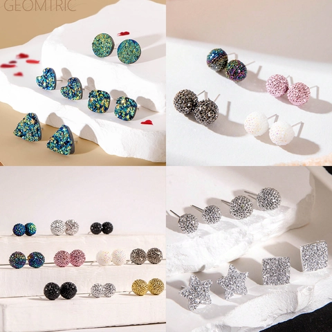 Bunte Runde Kugel Ohrstecker Frauen Trendy Geometrische Druzy Herz Stern Quadrat Dreieck Strass Schmuck Accessoire
