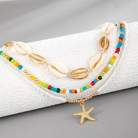 Bohemian Multi Layer Waist Chains Set Alloy Shell Colorful Beads Starfish Pendant Beach Body Jewelry For Women