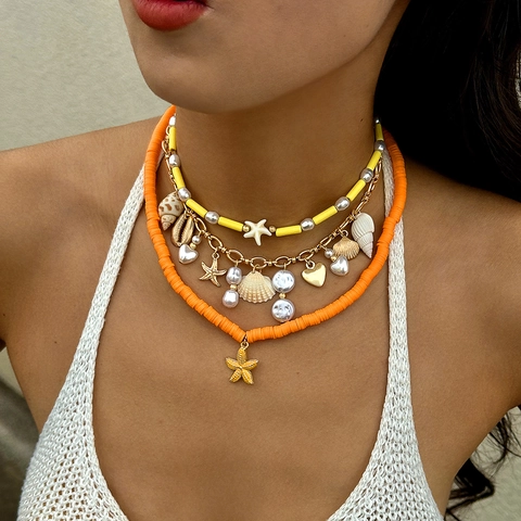 Bohemian Shell Starfish Beaded Necklace For Women Gold Alloy Imitation Artificial Pearl Heart Pendant Beach Summer Holiday Jewelry