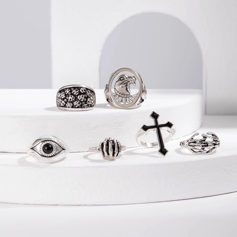 Vintage Punk Gothic Ring Set For Men Women Alloy Skull Cross Eagle Evil Eye Skeleton Hand Finger Rings Jewelry Accessory