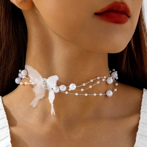 Collar Gargantilla De Perlas Artificiales De Imitación Capas Con Mariposa De Encaje Y Pedrería Joyería Elegante Para Mujer