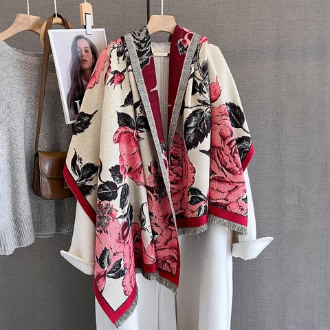 Women Scarf Shawl Imitation Cashmere Floral Rose Print Tassel Warm Autumn Winter Versatile Elegant Long Wrap
