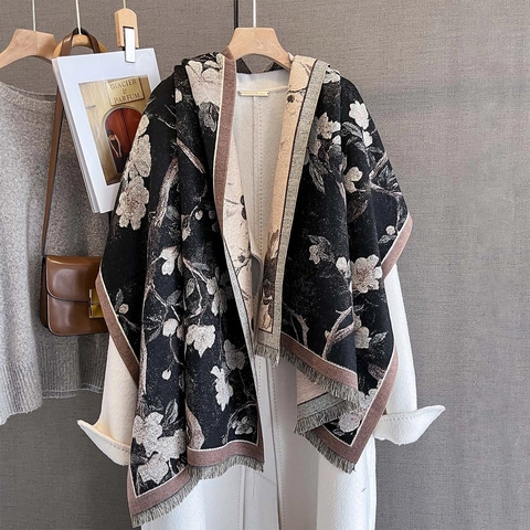Damen Vintage Blumendruck Schal Stola Kaschmirimitat Dick Warm Winter Herbst Accessoire Mit Quasten