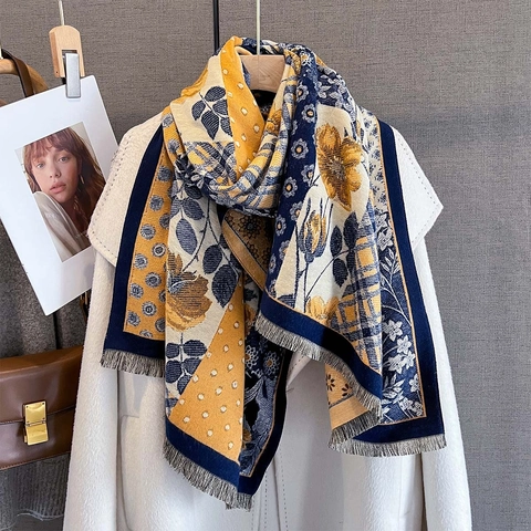 Sciarpa Da Donna In Finto Cashmere Calda Spessa Scialle Invernale Patchwork Vintage Stampa Floreale Quadri Con Nappe