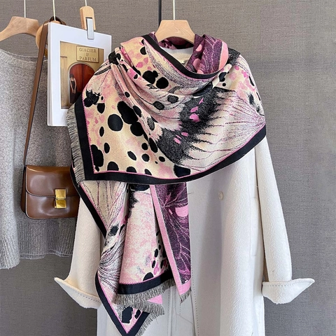 Sciarpa Con Stampa Ali Di Farfalla Scialle Imitazione Cashmere Donna Spessa Calda Invernale Con Nappine Moda