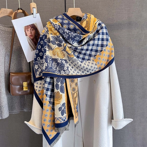Sciarpa Da Donna In Finto Cashmere Calda Spessa Scialle Invernale Patchwork Vintage Stampa Floreale Quadri Con Nappe